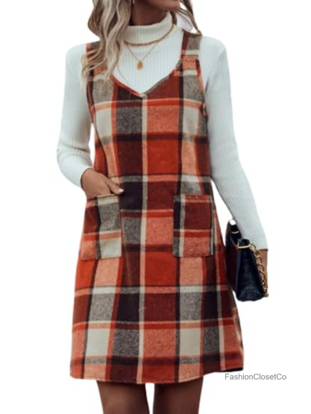 Plaid Overall Dress Women Sleeveless V-Neck Wool Blend Pockets Fall Winter
